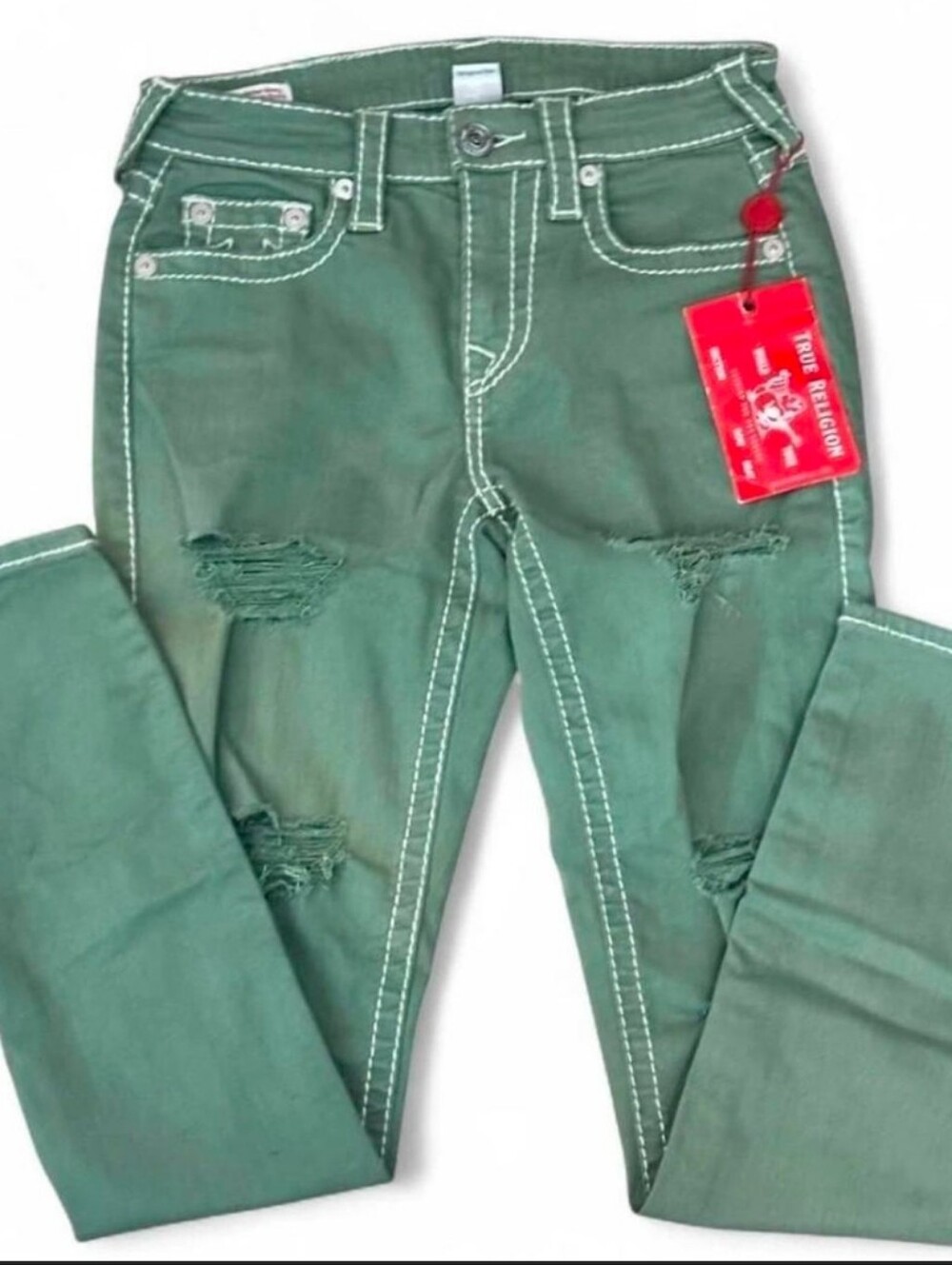 True Religion Size 27 Olive Green Distressed Skinny Jeans - Picture 2 of 8